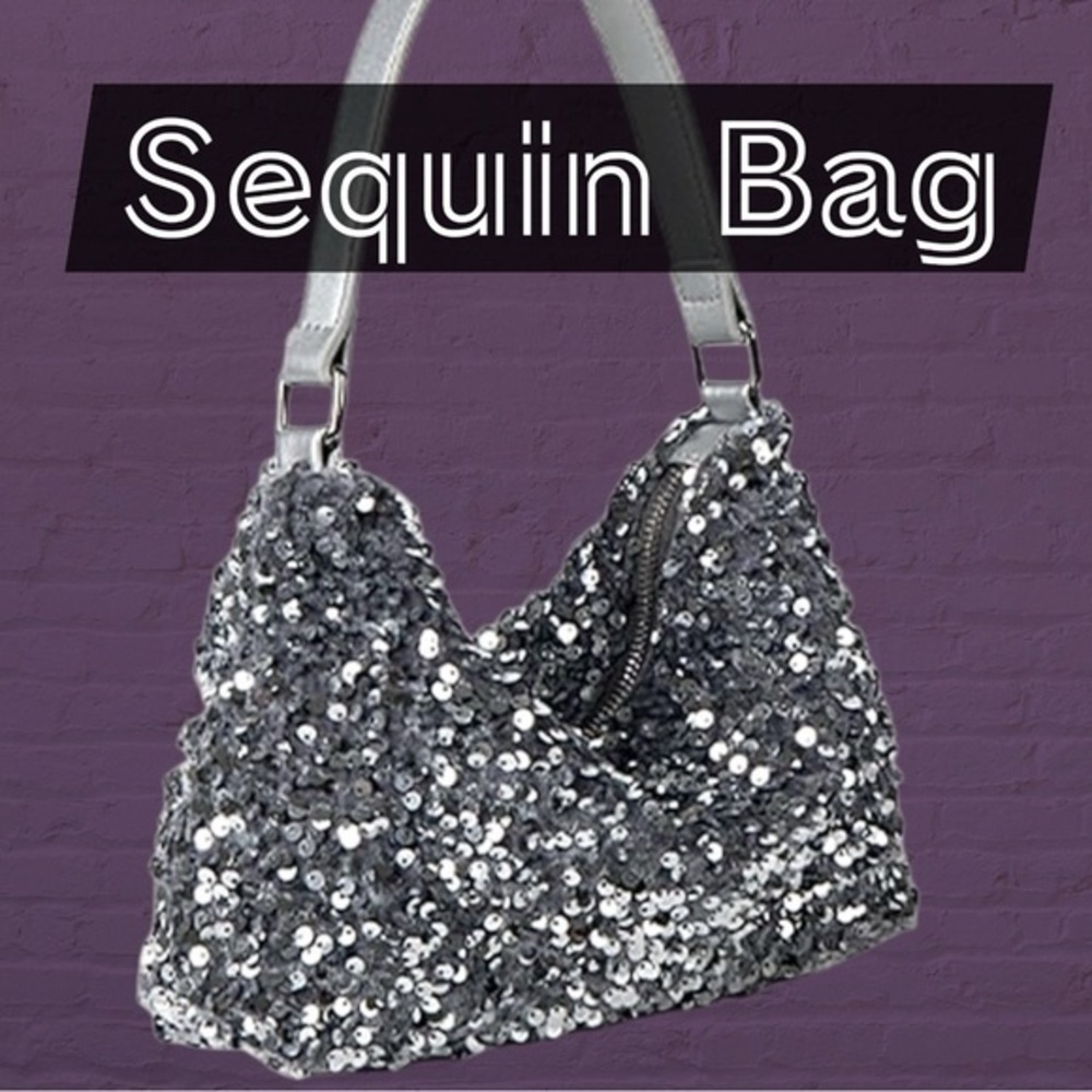 Allover Silver Sequins Silver Faux Leather Shoulder Strap Evening/Party Bag NWT